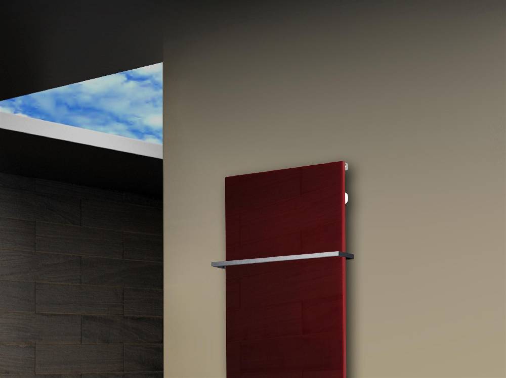 Szagato Badheizkörper mit Glas Design Montevideo 2 (Glasfront) 120x47cm 799Watt rot + 1 Halter Edelstahl 15x15mm SZAGATO Designheizkörper mit Mittelanschluss Online