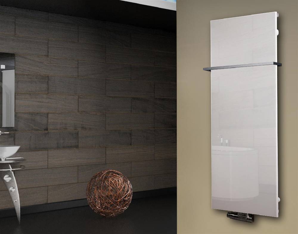 Szagato Badheizkörper mit Glas Design Montevideo 2 (Glasfront) 120x47cm 799Watt weiß (+1 Halter 15mm) SZAGATO Designheizkörper Mittelanschluss Handtuchwärmer Outlet