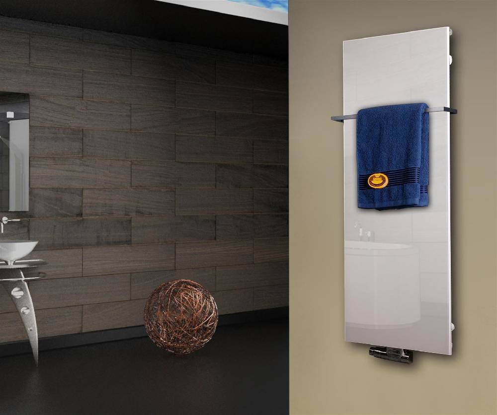 Szagato Badheizkörper mit Glas Design Montevideo 2 (Glasfront) 120x47cm 799Watt weiß (+1 Halter 15mm) SZAGATO Designheizkörper Mittelanschluss Handtuchwärmer Outlet