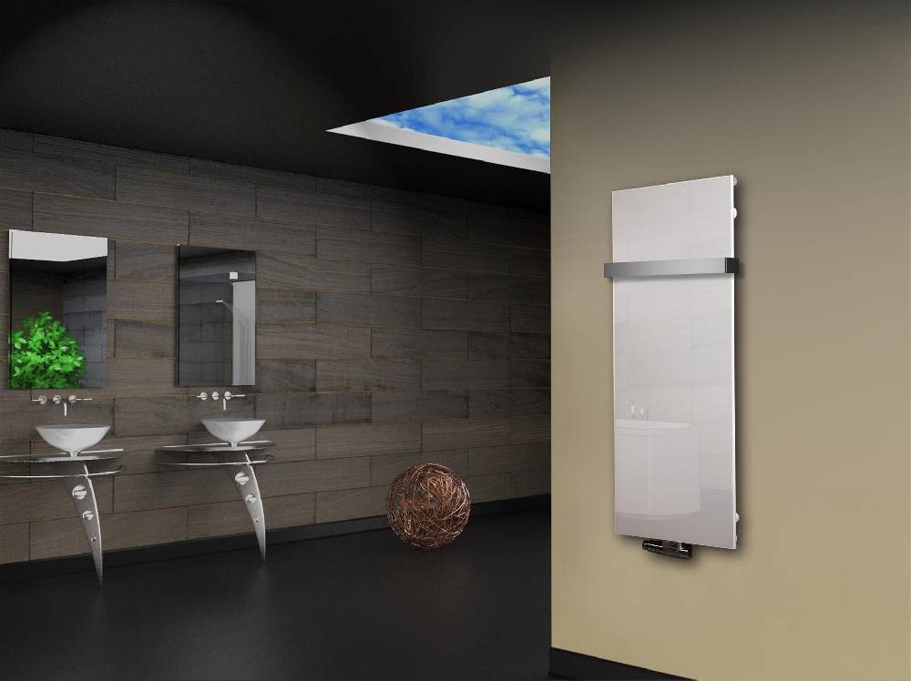 Szagato Badheizkörper mit Glas Design Montevideo 2 (Glasfront) 120x47cm 799Watt weiß (+1 Halter 50mm) SZAGATO Designheizkörper Mittelanschluss Handtuchwärmer Auslauf