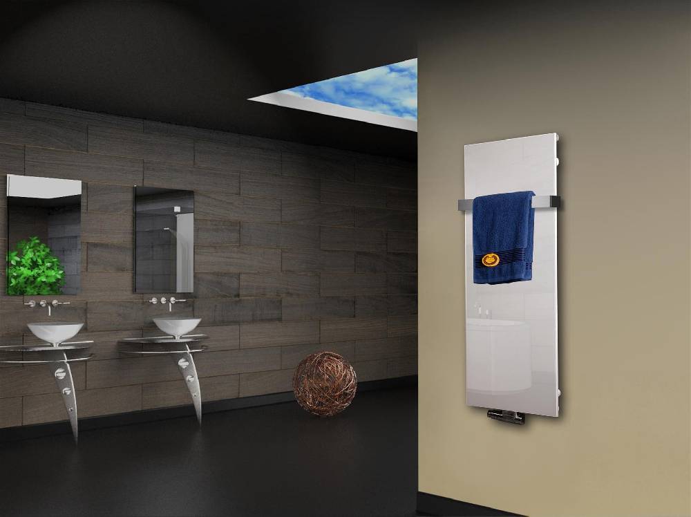 Szagato Badheizkörper mit Glas Design Montevideo 2 (Glasfront) 120x47cm 799Watt weiß (+1 Halter 50mm) SZAGATO Designheizkörper Mittelanschluss Handtuchwärmer Auslauf