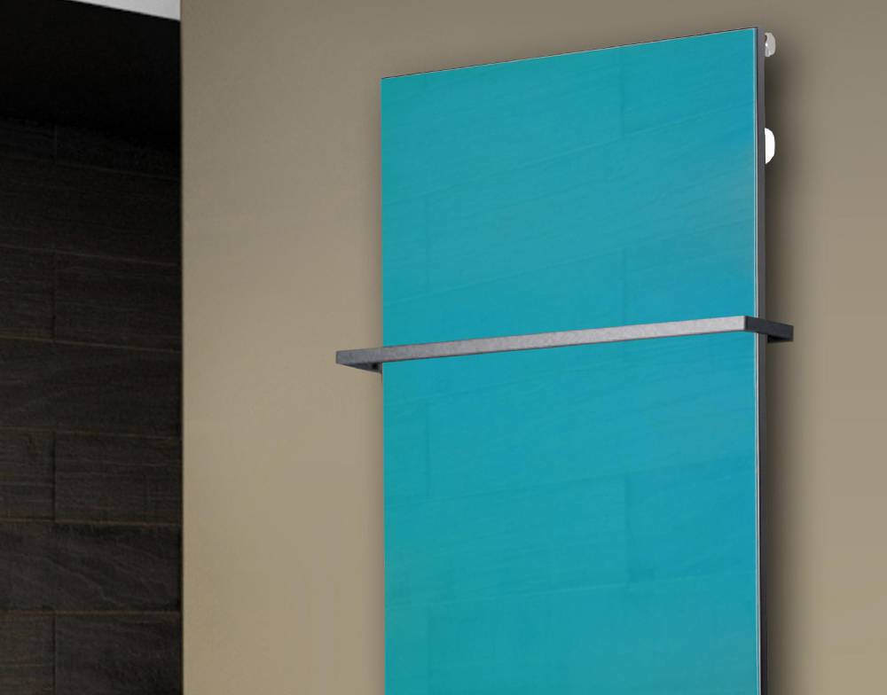 Szagato Badheizkörper mit Glas Design Montevideo 2 Glasfront 120x47cm 799 Watt türkis +1 Halter 15mm SZAGATO Designheizkörper Mittelanschluss Handtuchwärmer im Angebot