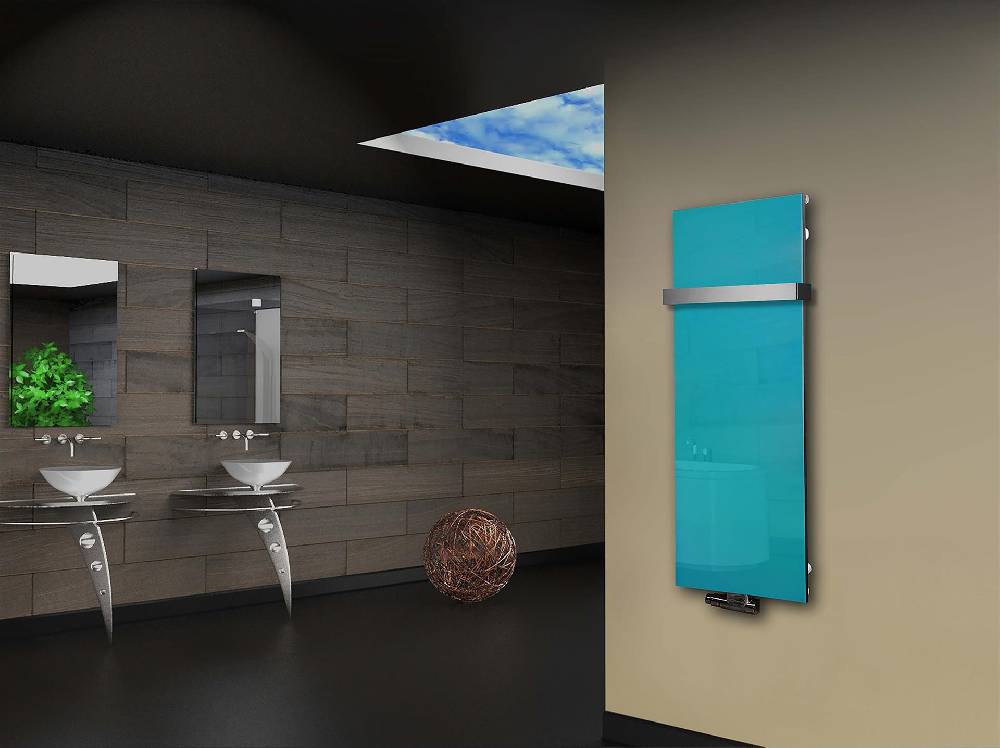 Szagato Badheizkörper mit Glas Design Montevideo 2 Glasfront 120x47cm 799 Watt türkis +1 Halter 50mm SZAGATO Designheizkörper Mittelanschluss Handtuchwärmer Schlussverkauf