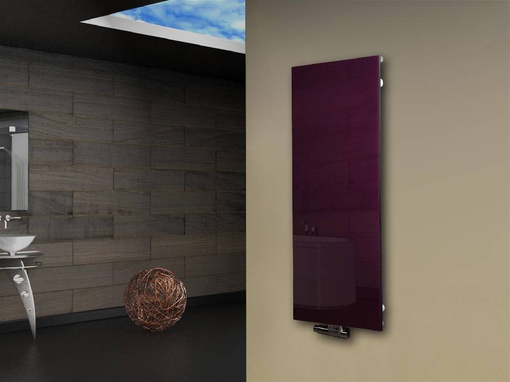 Szagato Badheizkörper mit Glas Design Montevideo 2 Glasfront 120x47cm 799 Watt violett SZAGATO Design Handtuchheizkörper mit Mittelanschluss Handtuchwärmer