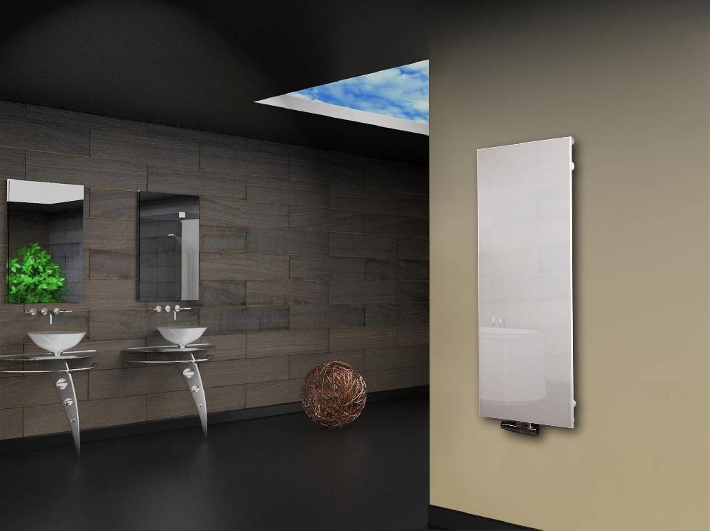 Szagato Badheizkörper mit Glas Design Montevideo 2 Glasfront 120x47cm 799 Watt weiß SZAGATO Heizkörper Handtuchheizkörper mit Mittelanschluss Handtuchwärmer Fabrikverkauf