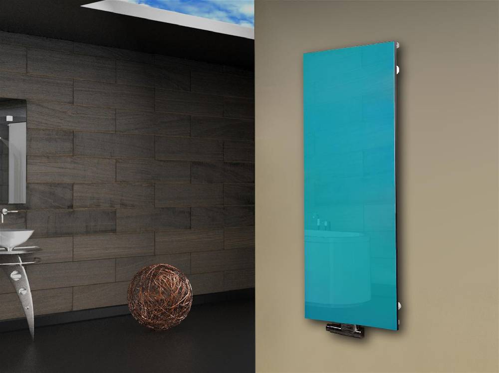 Szagato Badheizkörper mit Glas Design Montevideo 2 Glasfront 120x47cm 799Watt türkis SZAGATO Heizkörper Handtuchheizkörper mit Mittelanschluss Handtuchwärmer