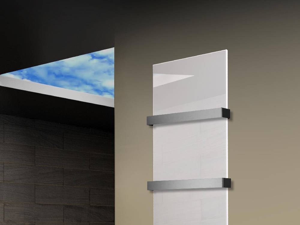 Szagato Badheizkörper mit Glas Design Montevideo 3 (Glasfront) 180x47cm 1118 Watt weiß +2 Halter 50mm SZAGATO Designheizkörper Mittelanschluss Handtuchwärmer Fabrikpreis