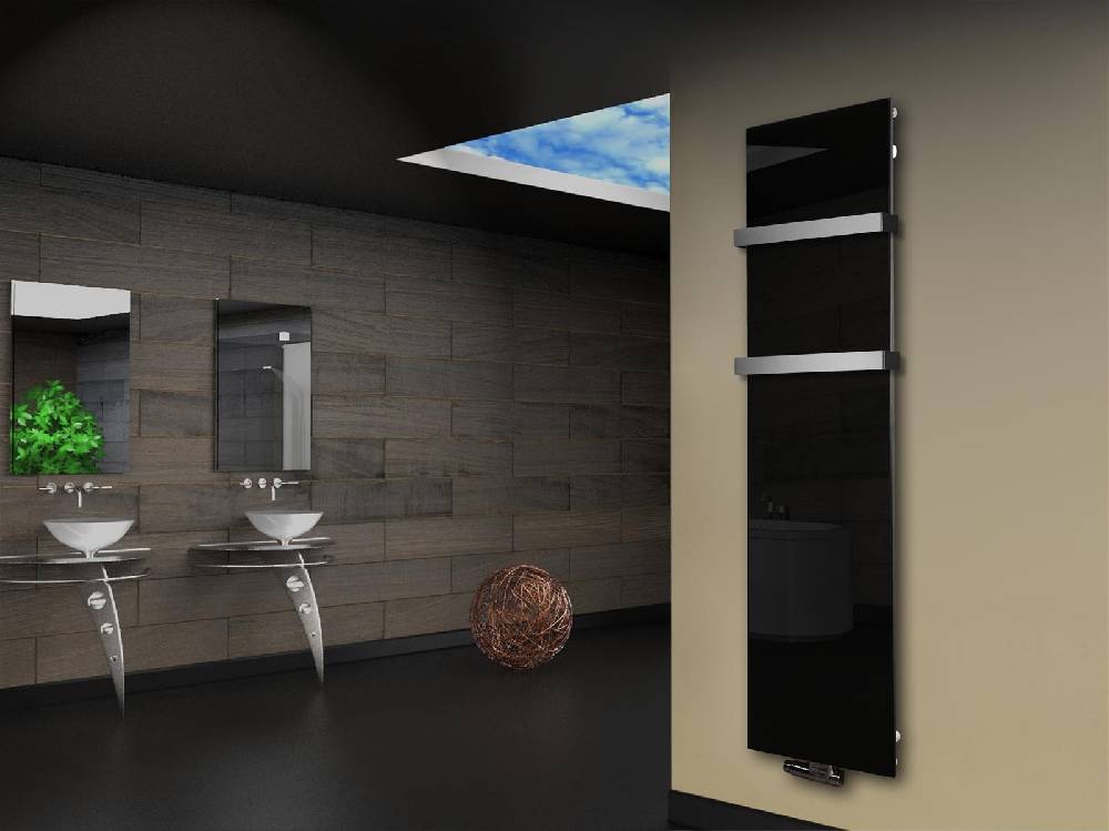 Szagato Badheizkörper mit Glas Design Montevideo 3 Glasfront 180x47cm 1118 Watt schwarz (+2 Halter 50mm) SZAGATO Designheizkörper mit Mittelanschluss