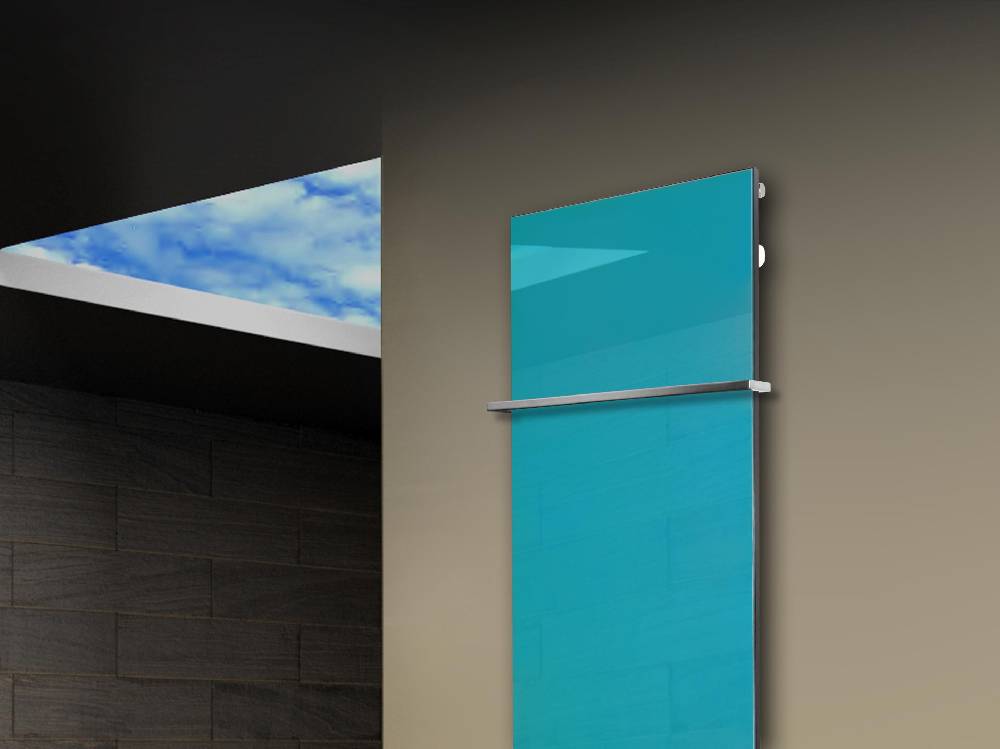 Szagato Badheizkörper mit Glas Design Montevideo 3 Glasfront 180x47cm 1118 Watt türkis +1 Halter 15mm SZAGATO Designheizkörper Mittelanschluss Handtuchwärmer Preisnachlass