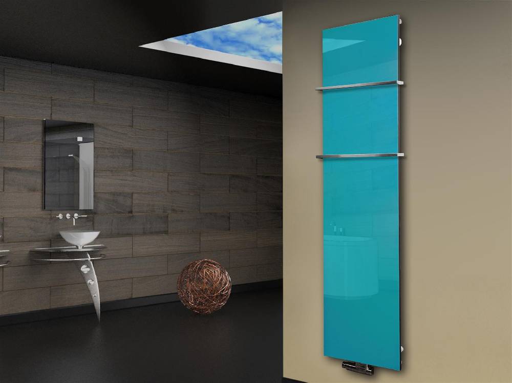 Szagato Badheizkörper mit Glas Design Montevideo 3 Glasfront 180x47cm 1118 Watt türkis +2 Halter 15mm SZAGATO Designheizkörper Mittelanschluss Handtuchwärmer