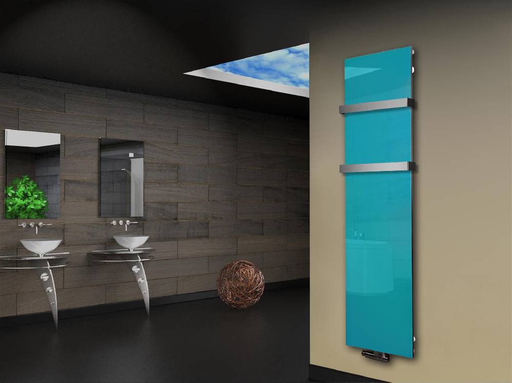 Szagato Badheizkörper mit Glas Design Montevideo 3 Glasfront 180x47cm 1118 Watt türkis +2 Halter 50mm SZAGATO Designheizkörper Mittelanschluss Handtuchwärmer Cyber Monday
