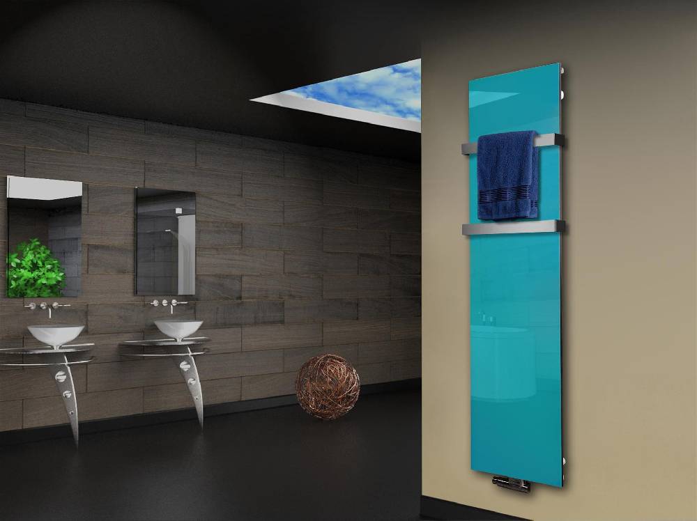 Szagato Badheizkörper mit Glas Design Montevideo 3 Glasfront 180x47cm 1118 Watt türkis +2 Halter 50mm SZAGATO Designheizkörper Mittelanschluss Handtuchwärmer Cyber Monday