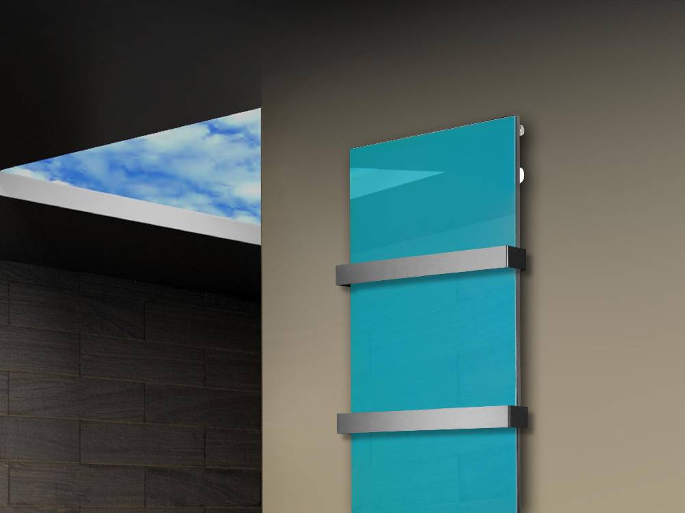 Szagato Badheizkörper mit Glas Design Montevideo 3 Glasfront 180x47cm 1118 Watt türkis +2 Halter 50mm SZAGATO Designheizkörper Mittelanschluss Handtuchwärmer Cyber Monday