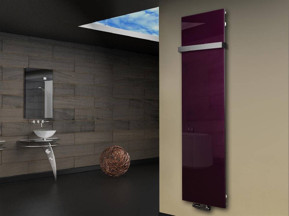 Szagato Badheizkörper mit Glas Design Montevideo 3 Glasfront 180x47cm 1118 Watt violett (+1 Halter 50mm) SZAGATO Designheizkörper mit Mittelanschluss