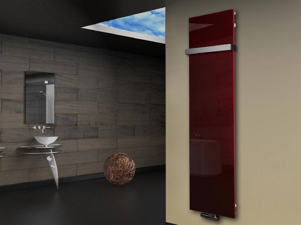 Szagato Badheizkörper mit Glas Design Montevideo 3 Glasfront 180x47cm 1118Watt rot +1 Halter 50mm SZAGATO Designheizkörper Handtuchheizkörper Mittelanschluss