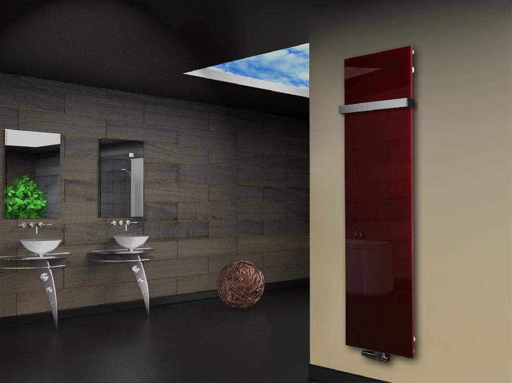 Szagato Badheizkörper mit Glas Design Montevideo 3 Glasfront 180x47cm 1118Watt rot +1 Halter 50mm SZAGATO Designheizkörper Handtuchheizkörper Mittelanschluss Neueste Mode