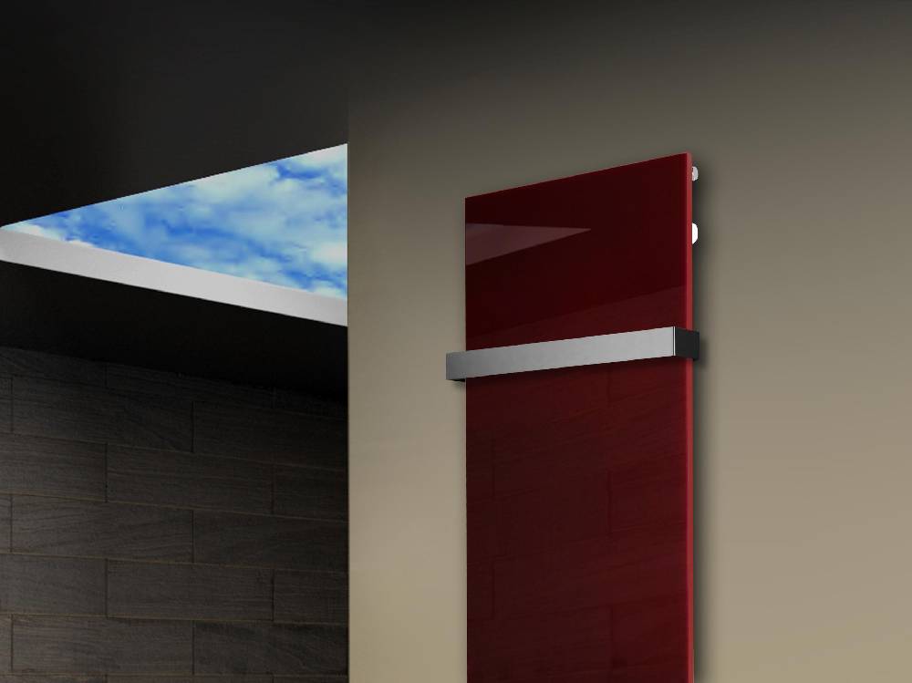 Szagato Badheizkörper mit Glas Design Montevideo 3 Glasfront 180x47cm 1118Watt rot +1 Halter 50mm SZAGATO Designheizkörper Handtuchheizkörper Mittelanschluss Neueste Mode