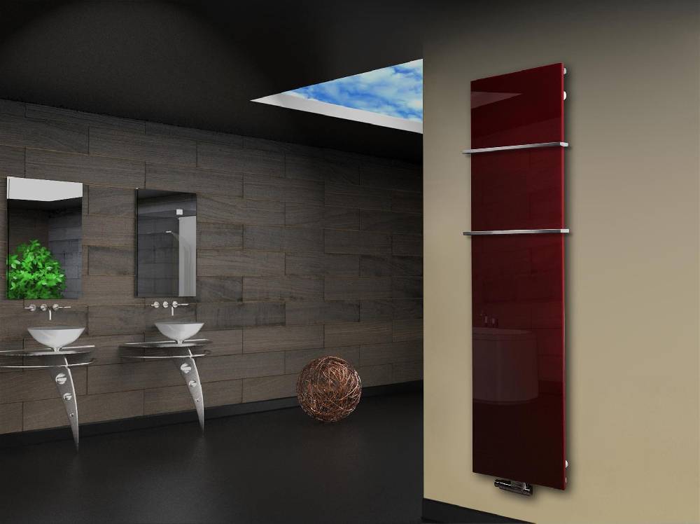 Szagato Badheizkörper mit Glas Design Montevideo 3 Glasfront 180x47cm 1118Watt rot +2 Halter 15mm SZAGATO Designheizkörper Handtuchheizkörper Mittelanschluss Online Outlet