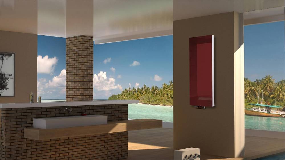 Szagato BADHEIZKÖRPER mit Glas Montevideo 5 Glasfront 120x47cm 1458 Watt rot SZAGATO Designheizkörper Handtuchheizkörper mit Mittelanschluss Handtuchwärmer