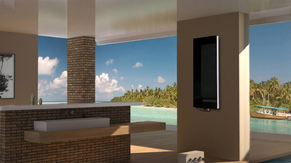Szagato BADHEIZKÖRPER mit Glas Montevideo 5 Glasfront 120x47cm 1458 Watt schwarz SZAGATO Designheizkörper Handtuchheizkörper Mittelanschluss Handtuchwärmer