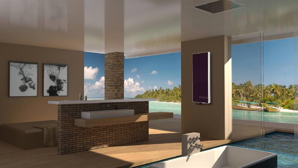 Szagato BADHEIZKÖRPER mit Glas Montevideo 5 Glasfront 120x47cm 1458 Watt violett SZAGATO Design Heizkörper Handtuchheizkörper Mittelanschluss Handtuchwärmer Bestseller