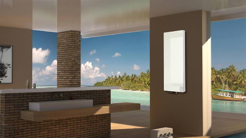 Szagato BADHEIZKÖRPER mit Glas Montevideo 5 Glasfront 120x47cm 1458 Watt weiß SZAGATO Designheizkörper Handtuchheizkörper mit Mittelanschluss Handtuchwärmer