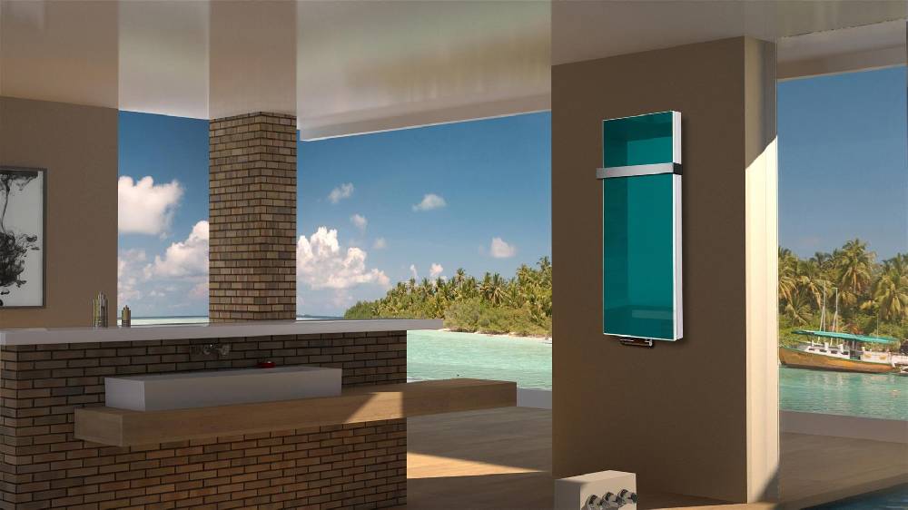 Szagato BADHEIZKÖRPER mit Glas Montevideo 5 Glasfront 120x47cm 1458Watt türkis +1 Halter 50mm SZAGATO Designheizkörper Handtuchheizkörper mit Mittelanschluss