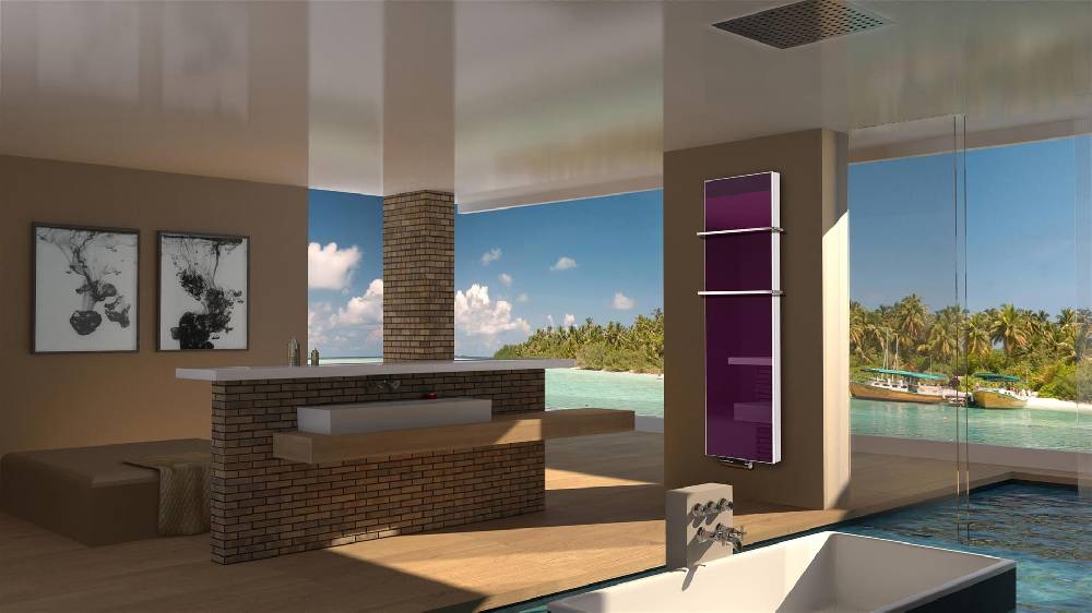 Szagato BADHEIZKÖRPER mit Glas Montevideo 6 Glasfront 180x47cm 1964 Watt violett +2 Halter 15mm SZAGATO Designheizkörper Handtuchheizkörper Mittelanschluss JETZT KAUFEN