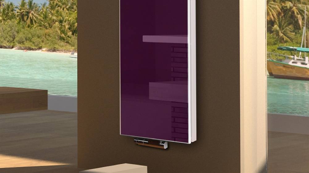 Szagato BADHEIZKÖRPER mit Glas Montevideo 6 Glasfront 180x47cm 1964 Watt violett +2 Halter 15mm SZAGATO Designheizkörper Handtuchheizkörper Mittelanschluss JETZT KAUFEN