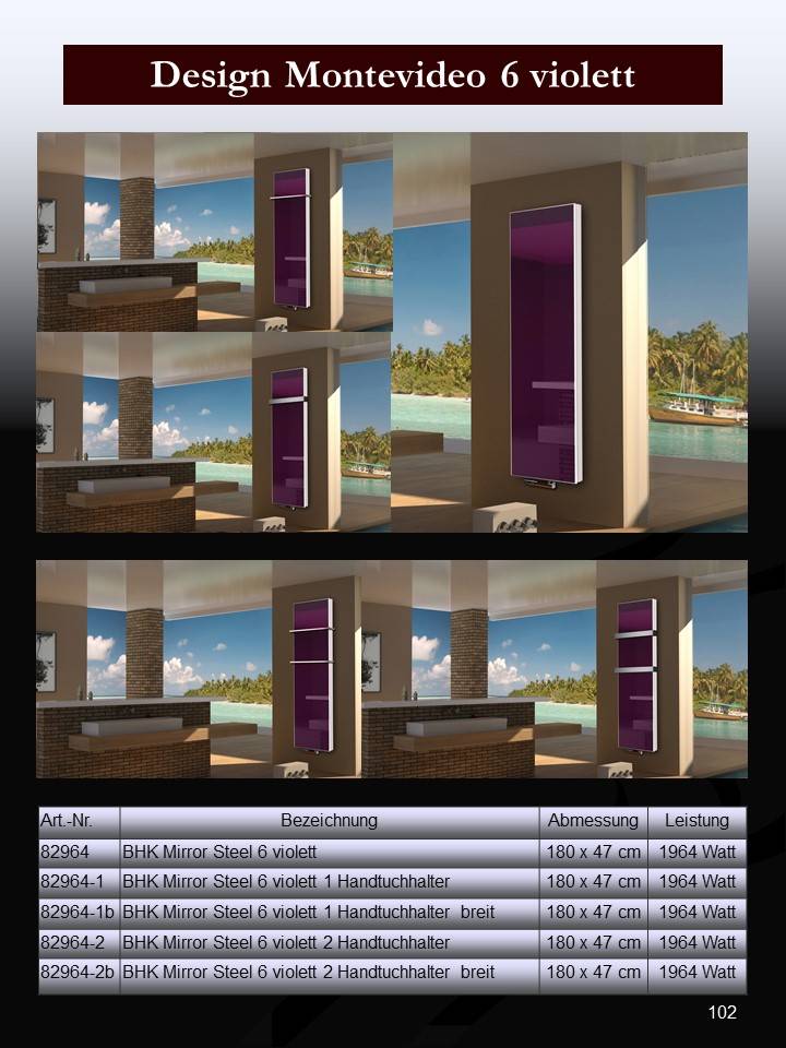 Szagato BADHEIZKÖRPER mit Glas Montevideo 6 Glasfront 180x47cm 1964 Watt violett SZAGATO Designheizkörper Handtuchheizkörper Mittelanschluss Handtuchwärmer Neueste Stile