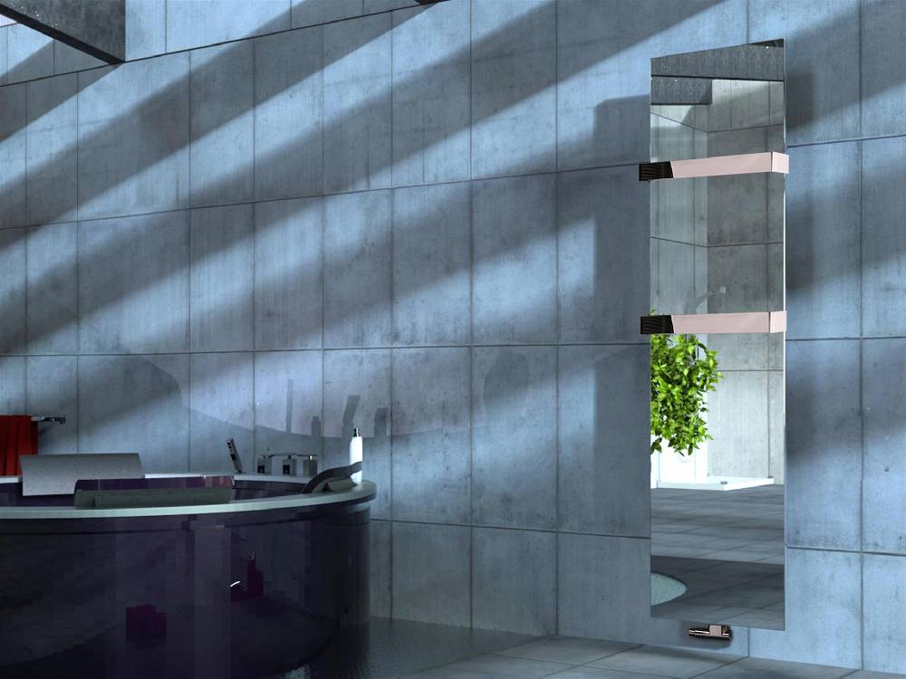 Szagato BADHEIZKÖRPER mit Spiegel Design Mirror 3 180x47cm 1118 Watt Edelstahl (+2 Halter glänzend 50mm) SZAGATO Designheizkörper mit Mittelanschluss