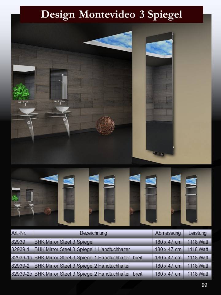 Szagato Badheizkörper mit Spiegel Design Montevideo 3 Spiegelfront 180x47cm 1118 Watt Spiegel SZAGATO Handtuchheizkörper mit Mittelanschluss Handtuchwärmer Günstig kaufen