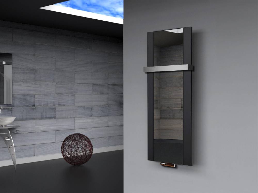 Szagato BADHEIZKÖRPER mit Spiegel Design Singapur 2 120x47cm 799 Watt schwarz (+1 Halter 50mm) SZAGATO Designheizkörper mit Mittelanschluss Handtuchwärmer Valentinstagsangebot