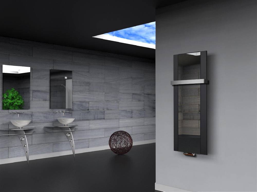 Szagato BADHEIZKÖRPER mit Spiegel Design Singapur 2 120x47cm 799 Watt schwarz (+1 Halter 50mm) SZAGATO Designheizkörper mit Mittelanschluss Handtuchwärmer Valentinstagsangebot