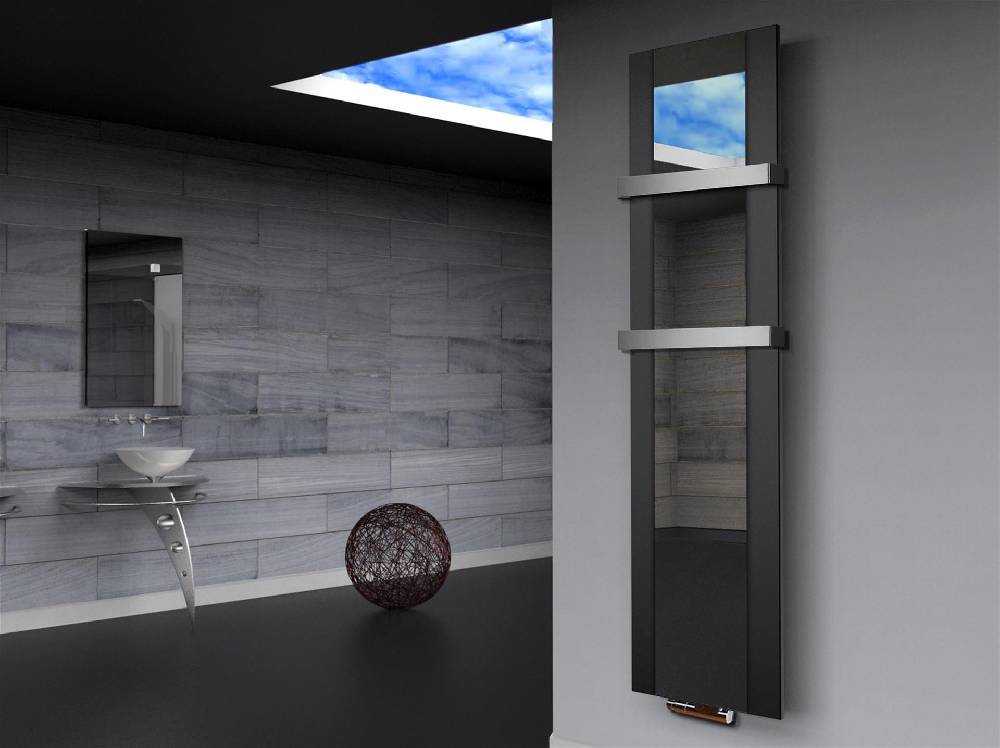 Szagato BADHEIZKÖRPER mit Spiegel Design Singapur 3 180x47cm 1118 Watt schwarz (+2 Halter 50mm) SZAGATO Designheizkörper mit Mittelanschluss Handtuchwärmer