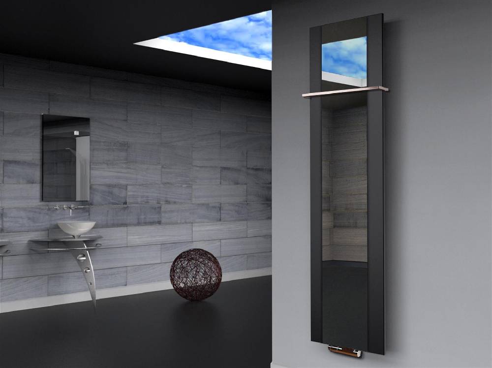 Szagato BADHEIZKÖRPER mit Spiegel Design Singapur 3 180x47cm 1118 Watt schwarz (+1 Halter 15mm) SZAGATO Designheizkörper Mittelanschluss Handtuchwärmer