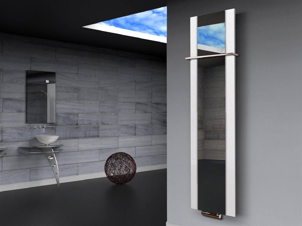 Szagato BADHEIZKÖRPER mit Spiegel Design Singapur 3 180x47cm 1118 Watt weiß (+1 Halter 15mm) SZAGATO Designheizkörper mit Mittelanschluss Handtuchwärmer