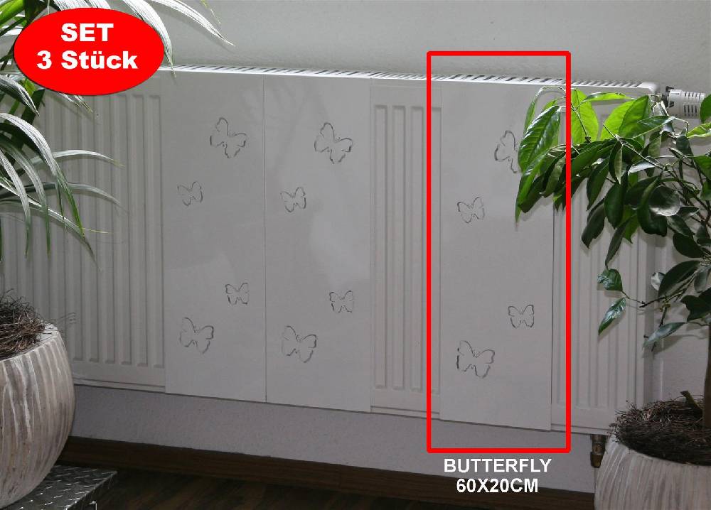 Szagato Heizkörperverkleidung 60 x 20cm Design Butterfly weiß (SET= 3 Stück) SZAGATO Heizungsverkleidung Verkleidung Heizkörper Abdeckung für Heizkörper Osterangebot